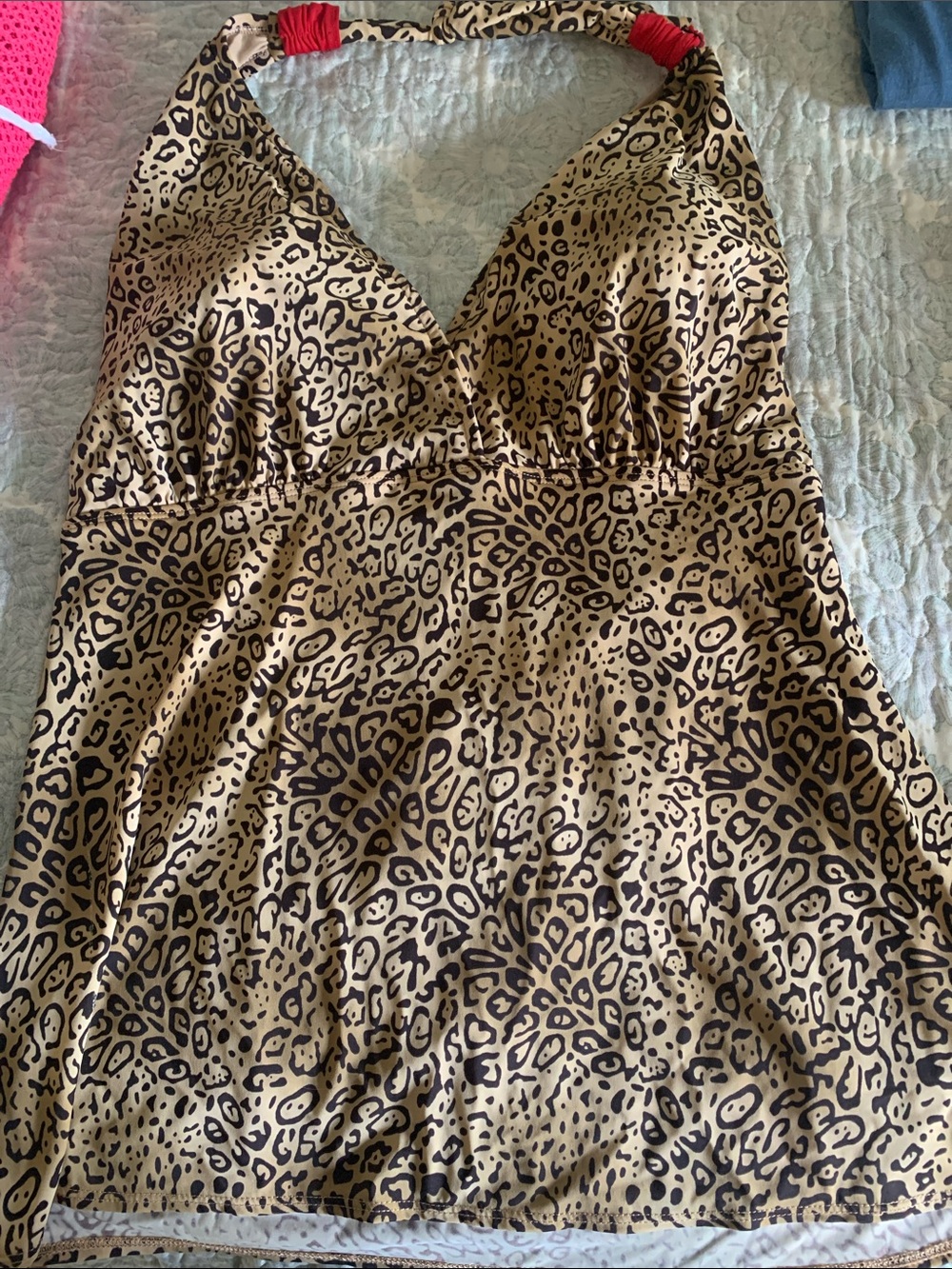 UjENA Leopard-Print Halter 2 piece Bathing  in Tan, Black & Red Strap Detail